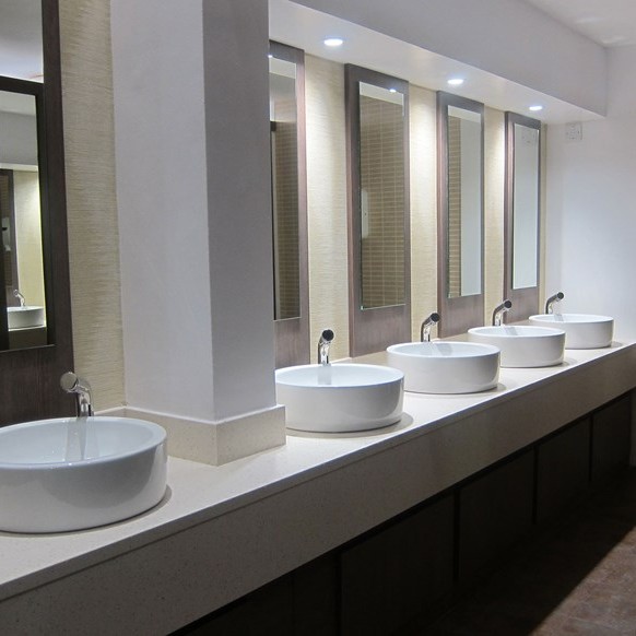 Modern commercial restroom with multiple vessel sinks and fixtures in Ottawa